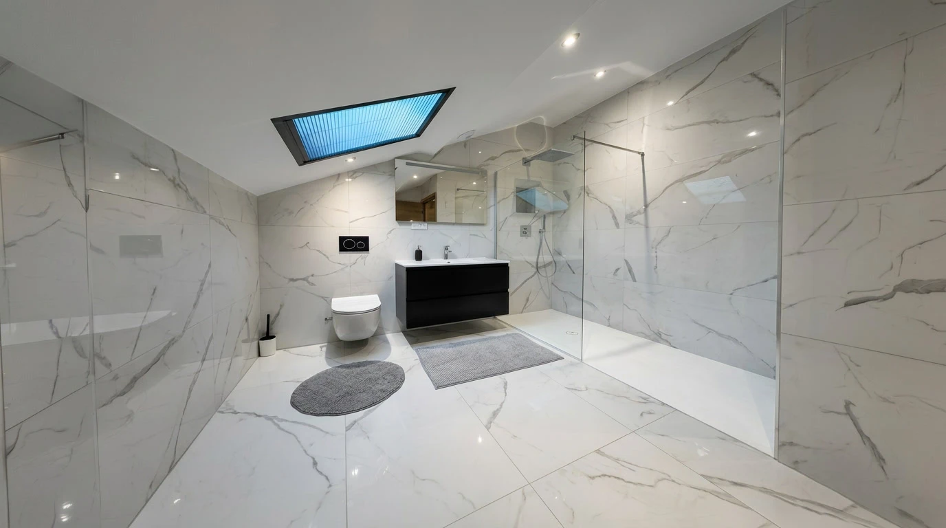 Artisan plombier en salopette installant ou réparant une cabine de douche moderne dans une salle de bain contemporaine